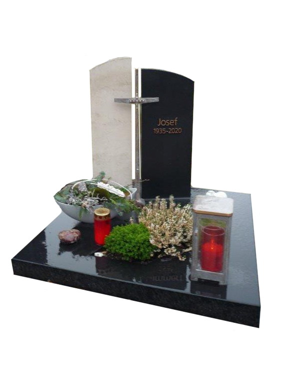 Urnengrab-schwarze-beige-saeule-kreuz